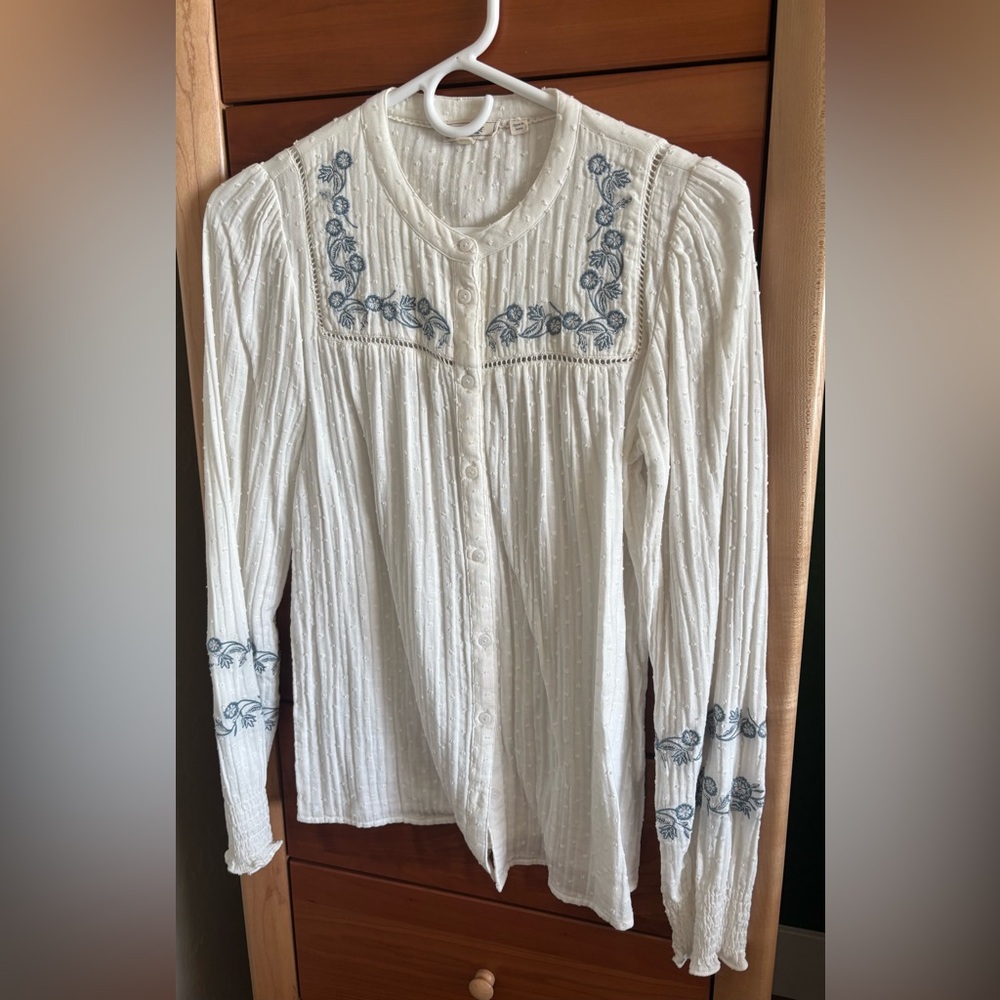 Fat Face White Blouse with Blue Embroidery